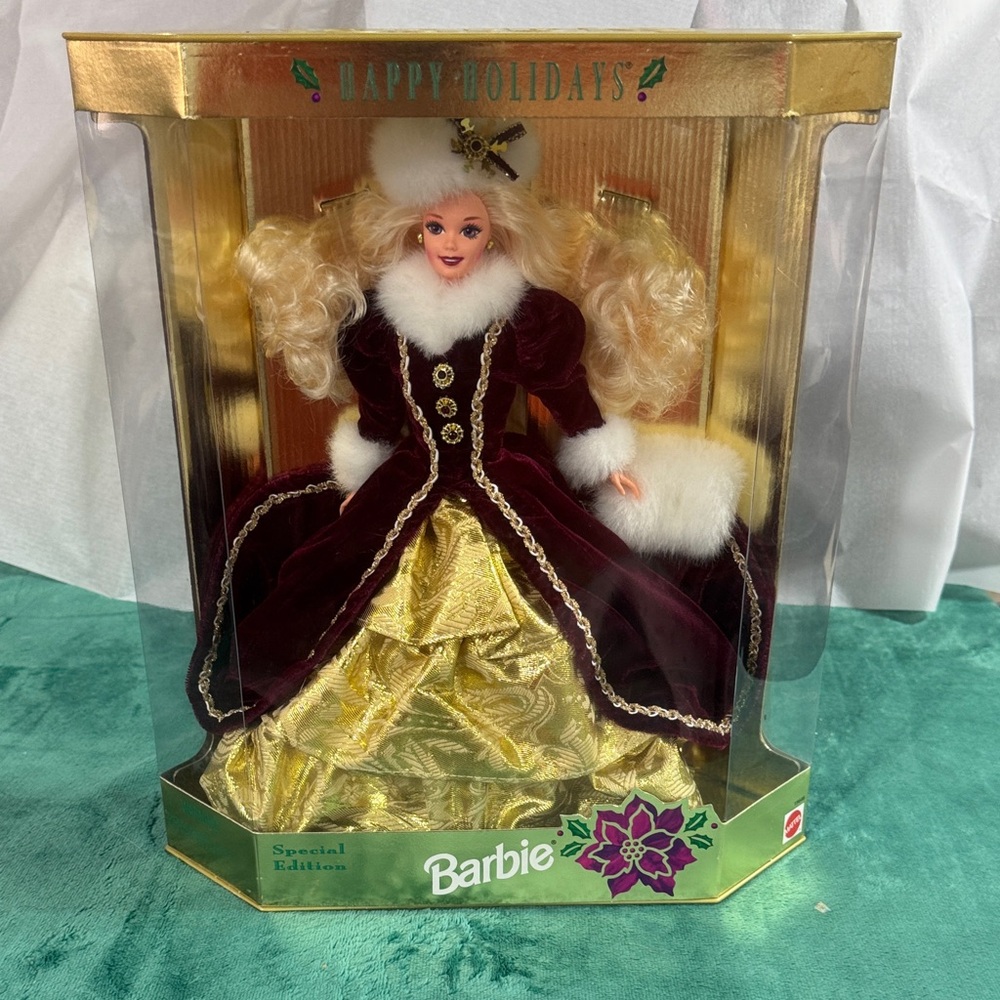 1996 Barbie Holiday Doll in Burgundy Velvet & Gold Brocade